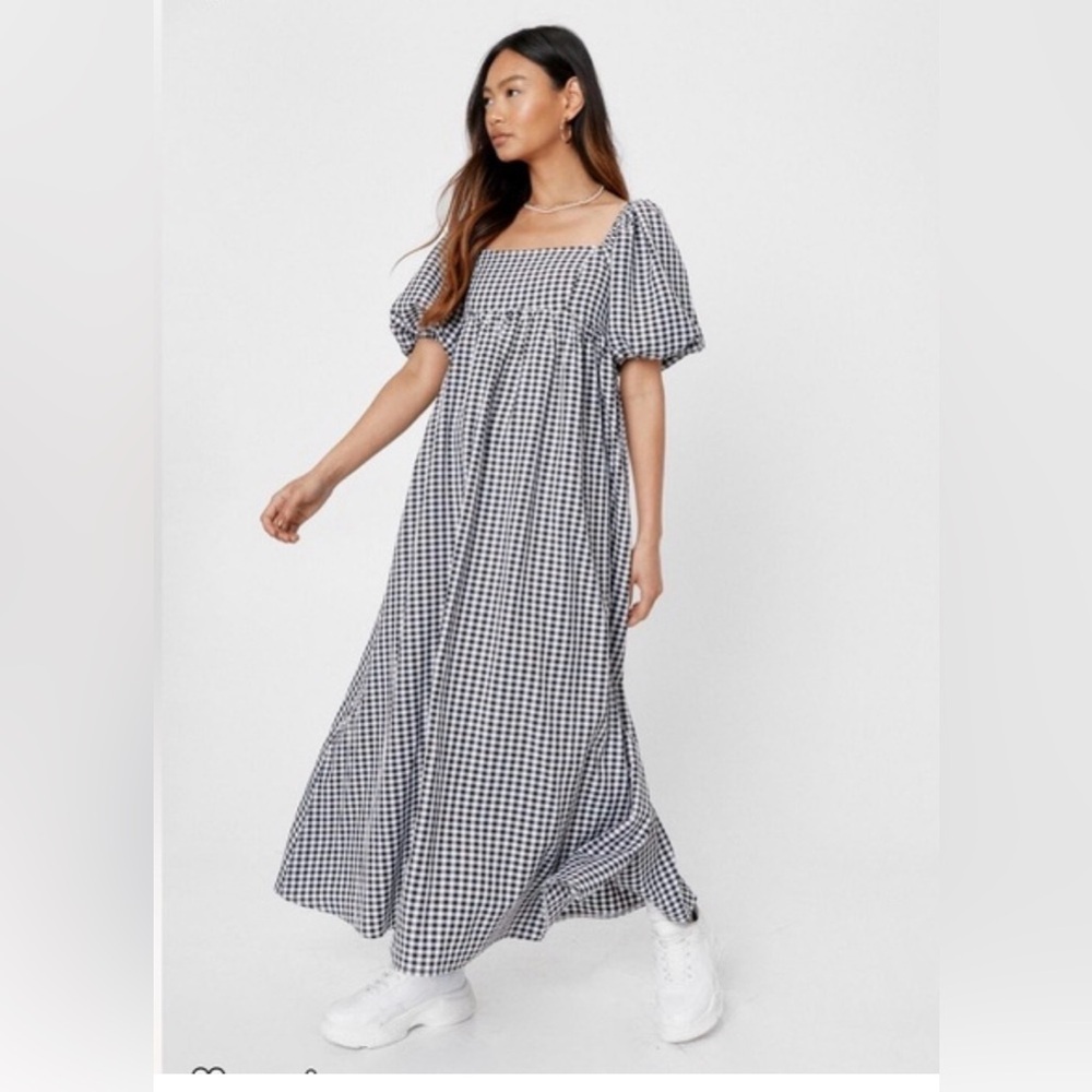 Nasty Gal Black & White Gingham Puff Sleeve Maxi Dress